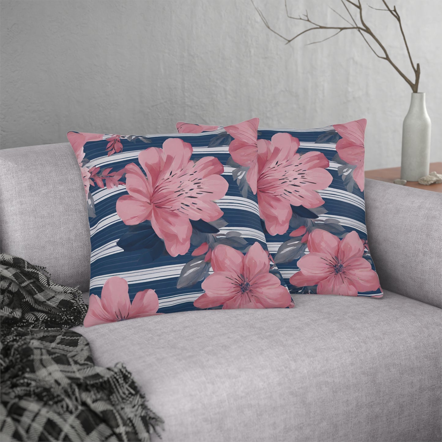 Blue Stripe And Pink Flower, Indoor-Outdoor Waterproof Pillow