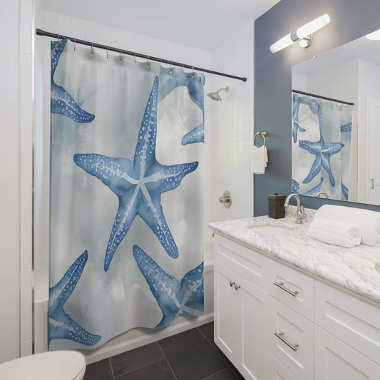 Blue And Grey Starfish Shower Curtain