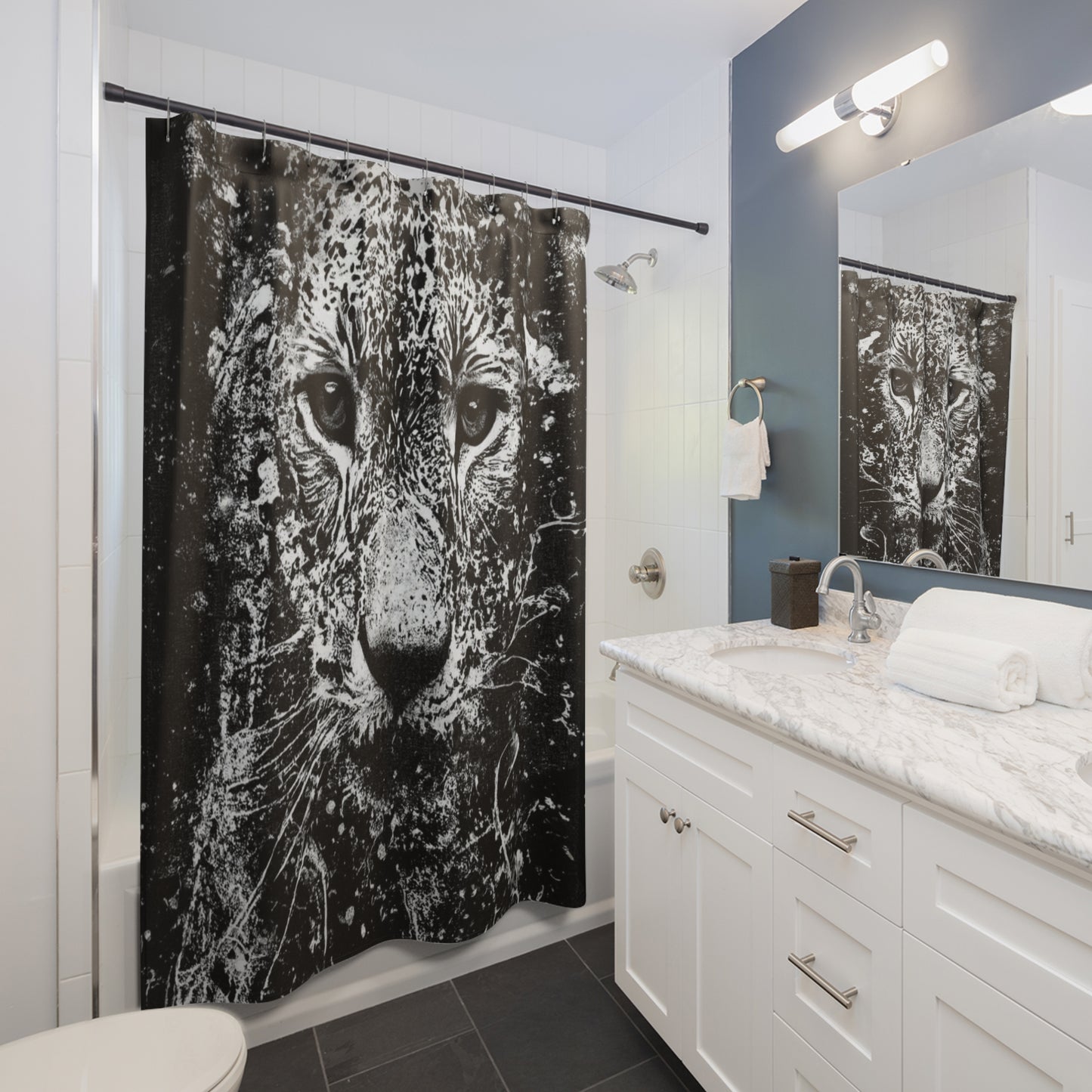 Splatter Black And White Lioness Shower Curtain