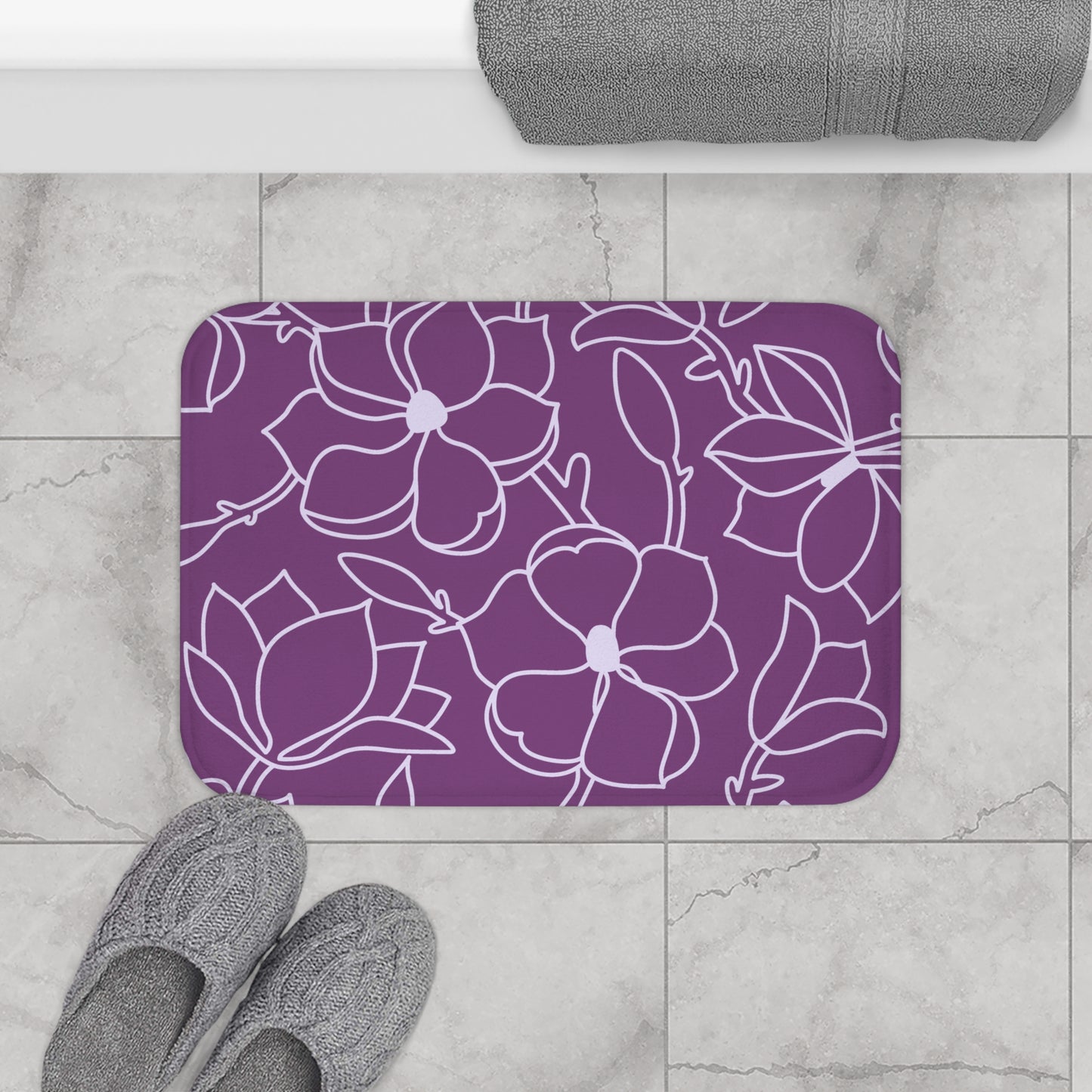 Purple And Light Grey Graphic Floral Bath Mat