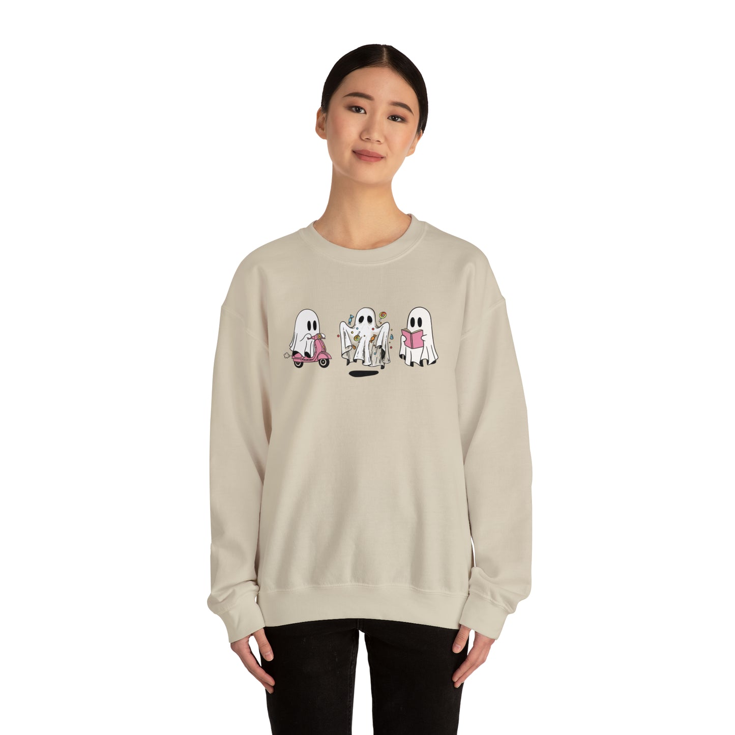 Halloween Vibes, Ghostly Trio, Heavy Blend™ Crewneck Sweatshirt (Available In Other Colors)