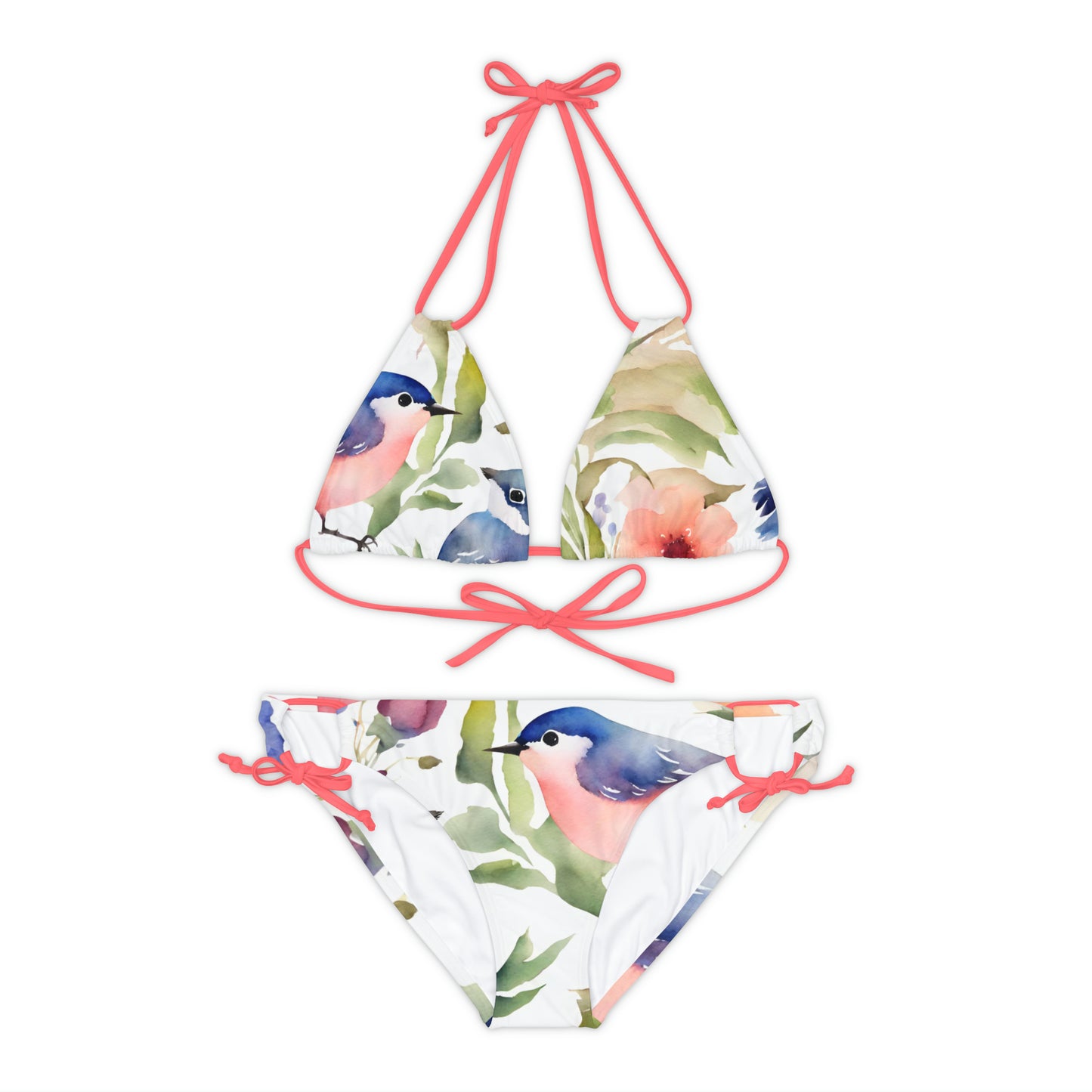 Pink Blue And Green Floral Bird Two Piece Bikini Set