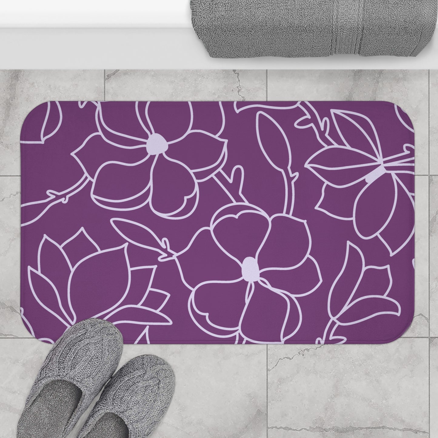 Purple And Light Grey Graphic Floral Bath Mat