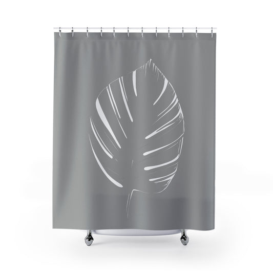 Modern Organic White Leaf Outline In Grey Shower Curtain