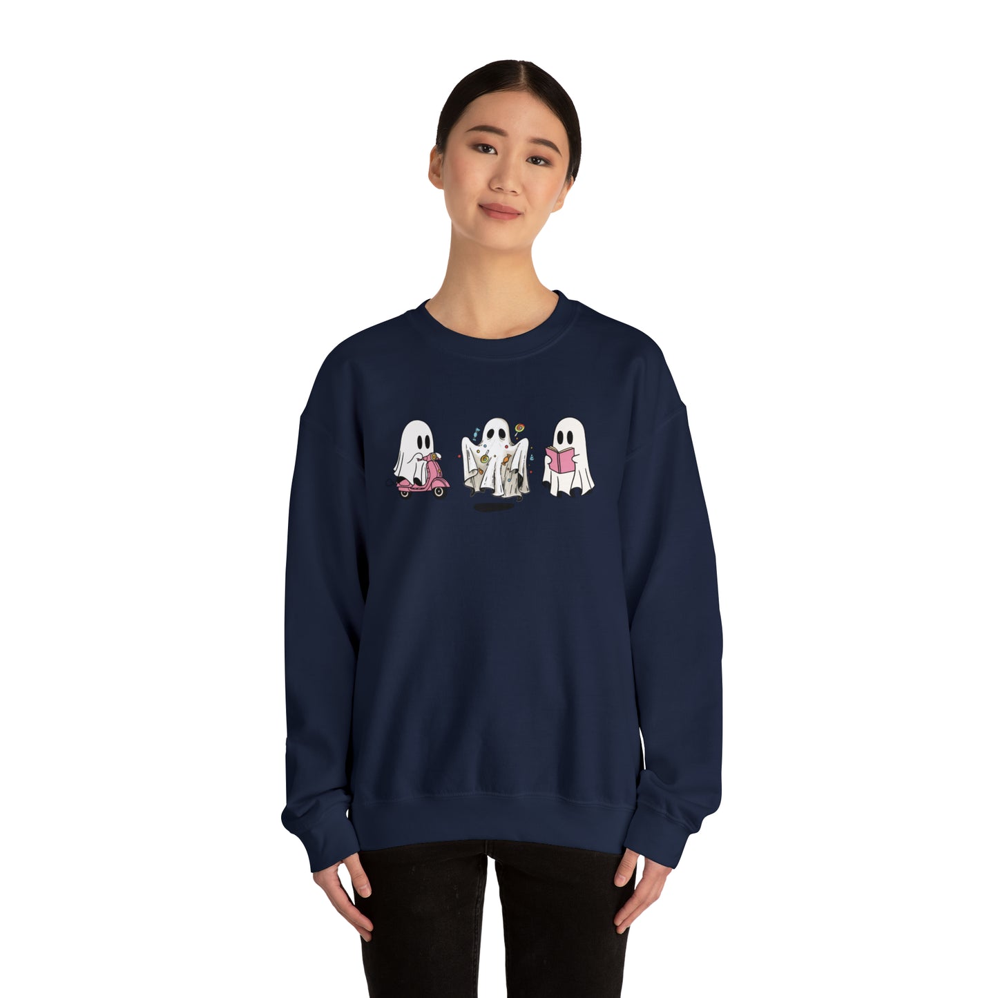 Halloween Vibes, Ghostly Trio, Heavy Blend™ Crewneck Sweatshirt (Available In Other Colors)